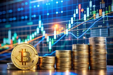 A golden bitcoin coin sits beside stacks of gold coins, all in front of a dynamic stock market chart