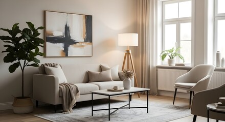 Fototapeta premium Modern beige living room featuring a comfortable sofa, coffee table, and abstract art.