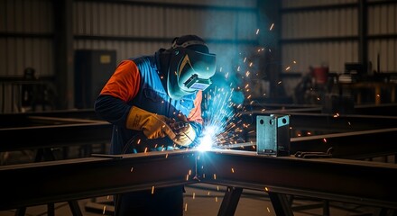 A welder expertly fuses metal beams, sparks flying in an industrial setting.