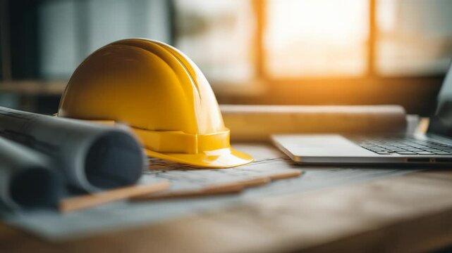 Modern construction workplace with yellow helmet and blueprint, technology and design