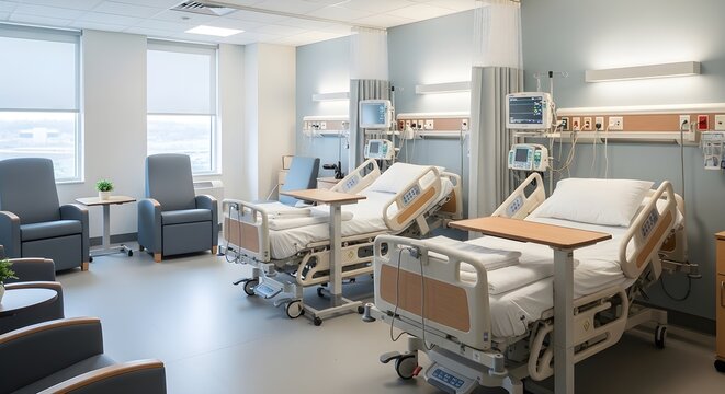 Modern, clean hospital room with beds, medical equipment, and chairs.