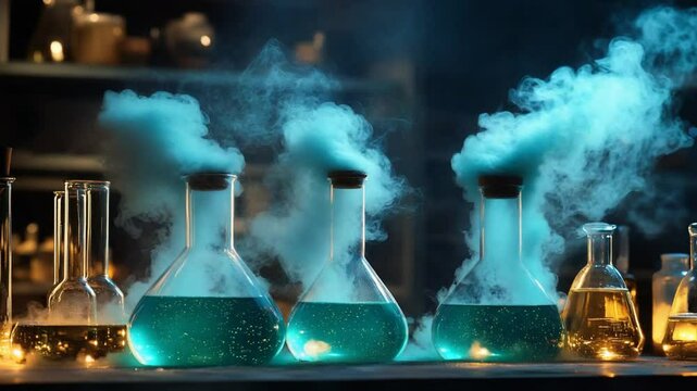 Mystical laboratory scene with bubbling, teal-colored liquids in beakers and flasks, shrouded in swirling, teal colored vapor