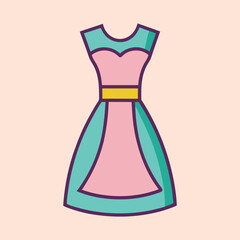 Illustration of a teal and pink dress with a yellow belt accent