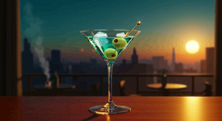 Elegant Martini with Olives against a Vibrant Cityscape Sunset Backdrop