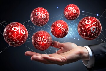 Red spheres with percentage symbols float above a hand, representing financial interest rates and growth