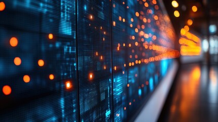 Fototapeta premium Blue server racks with orange lights blurred background