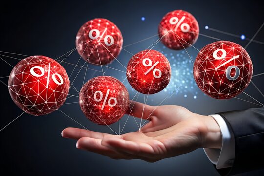 Red spheres with percentage symbols float above a hand, representing financial interest rates and growth
