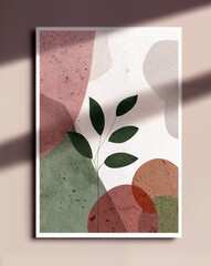 Framed minimalist poster featuring abstract geometric shapes and green botanical elements. Contemporary natural wall art in soft earthy tones