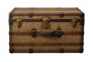 Vintage steamer trunk featuring brass hardware, worn leather grip, symbolizing adventurous journeys and classic travel era