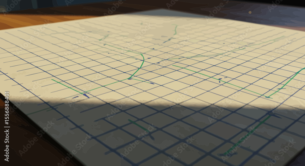 Poster graphical representation with charts on paper showing data and calculations, detail