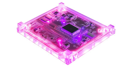 Transparent circuit board with neon traces, Transparent background, PNG file