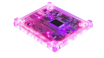 Transparent circuit board with neon traces, Transparent background, PNG file