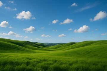 Fototapeta premium Lush Green Hills Under Bright Sky with Fluffy White Clouds