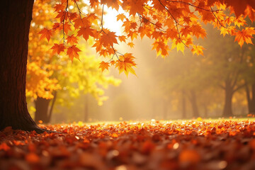 autumn leaves falling from a tree in a park