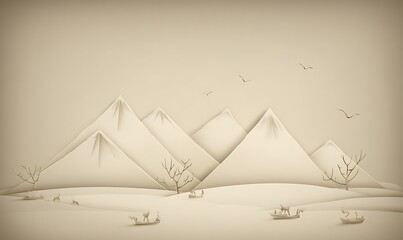 Monochromatic paper cut mountain winter scene