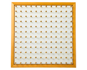Grid of golden pins in a wood frame on a transparent background