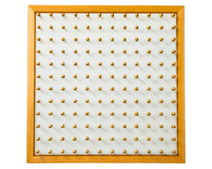 Grid of golden pins in a wood frame on a transparent background