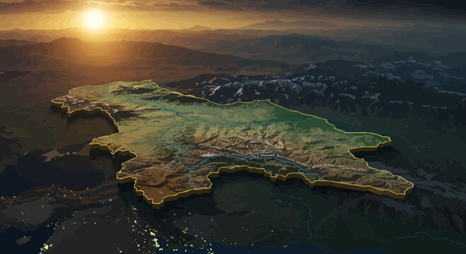 Dramatic relief map of Jammu and Kashmir with a low angle sun shining through mountains