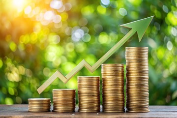 Golden coins stacked in ascending order with a green upward arrow, symbolizing financial growth against a blurred green background