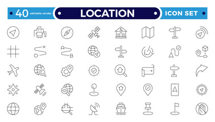 Location outline icon set. Containing map, map pin, gps, destination, directions, distance, place, navigation and address icons. Editable stroke outline icon.
