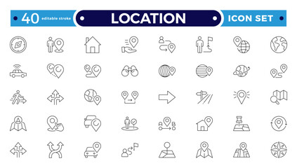 Location outline icon set. Containing map, map pin, gps, destination, directions, distance, place, navigation and address icons. Editable stroke outline icon.
