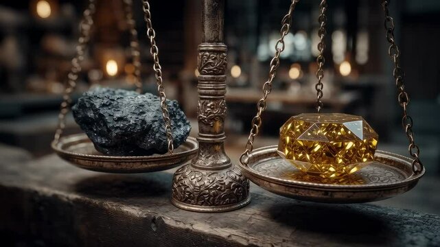 Ornate Scales Balancing Risk (Rock) and Reward (Diamond)