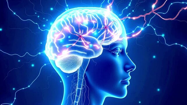 The brain's bright neural connections are shown. Red neural pathways light up and pulsate with energy as neural connections located at the base of the brain dynamically move and shift.