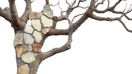 Tree with bark made of stone tiles, Transparent background, PNG file