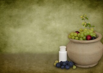 Grapes with flower in pottery vessel