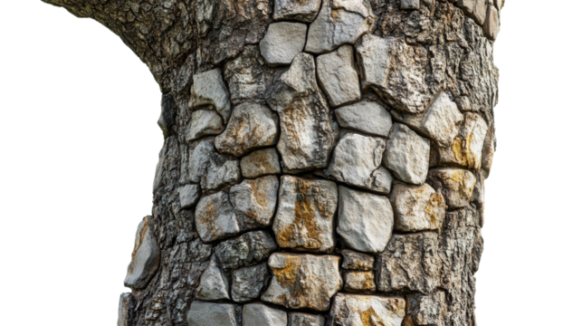 Tree with bark made of stone tiles, Transparent background, PNG file