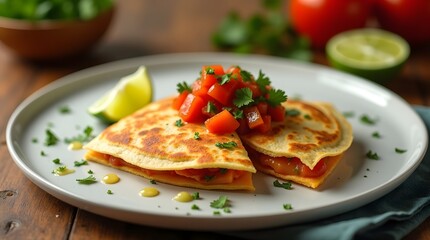 An appetizing image showcases a cheesy quesadilla, cut in half and garnished with tomato salsa.