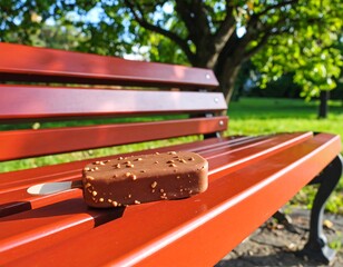 Chocolate ice cream bar on park bench