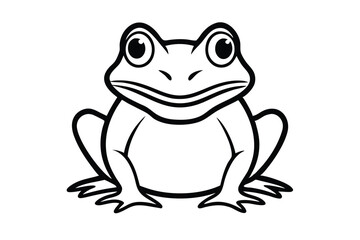 Cartoon frog is sitting with big eyes in black and white outline