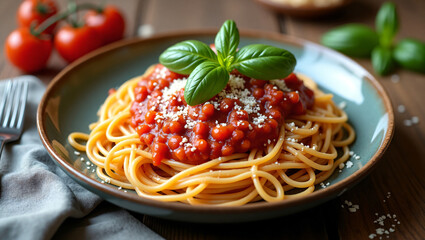 Traditional Spaghetti al Pomodoro – Tomato Basil Pasta on Rustic Wooden Surface