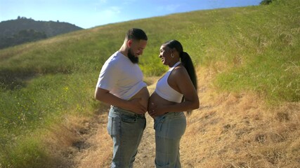 An African American couple happily celebrates their pregnancy in nature, with the expectant mother relaxing alongside her supportive partner in a beautiful summer landscape, cherishing the moment - Powered by Adobe