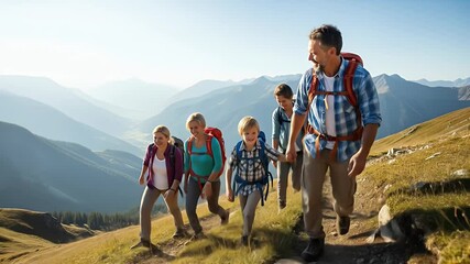 Happy family hiking in mountains - Powered by Adobe