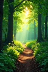 Obraz premium Magical Sunlight Dappled Forest Path A Winding Summer Trail Through Lush Green Foliage, Perfect for Travel and Nature Photography