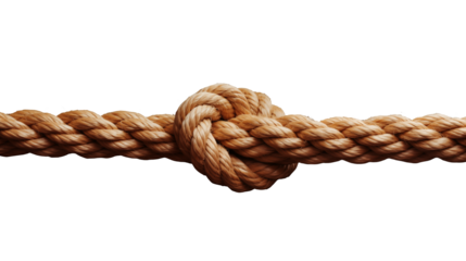 Tan rope is tied in a knot against a stark Isolated on transparent Background 