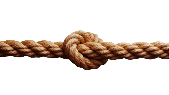Tan rope is tied in a knot against a stark Isolated on transparent Background 
