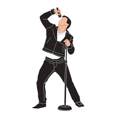Vector illustration of a male singer performing passionately with a microphone and stand. Ideal for music, concert, rock star, or entertainment themes.
