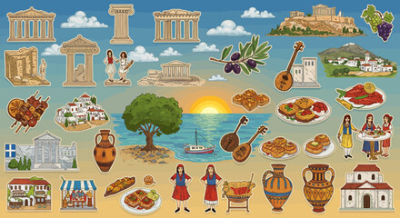 Vibrant sticker collection showcasing iconic elements of Greece and its culture