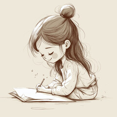 Young girl smiling while writing in notebook on beige background  