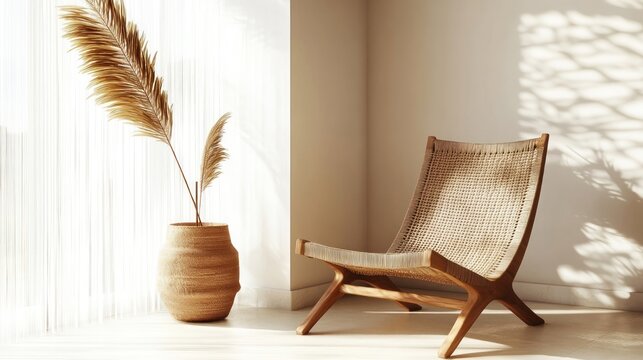 Coastal-inspired wicker lounge chair in minimalist interior