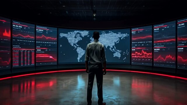 Surveillance room with global map and data displays.