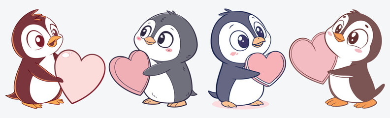 Cute Adorable cartoon penguins holding pink hearts. colorful animal with heart simple flat design.