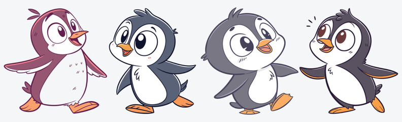 A colorful penguins in joyful poses or, Charming cartoon penguins in joyful poses simple flat design vector.