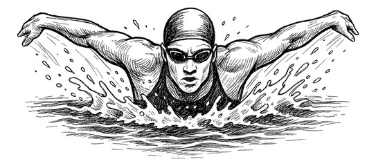 Focused Swimmer in Action with Water Splashes Black and White Detailed Illustration