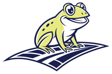 Smiling green frog sits comfortably atop a sleek geometric platform isolated against white