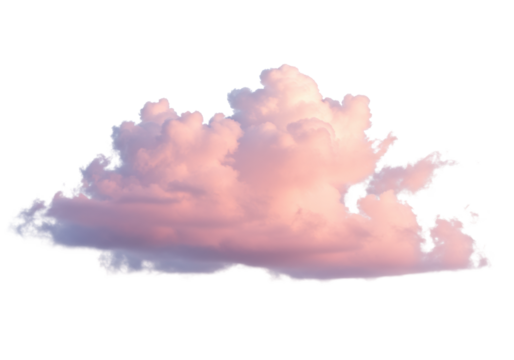 A soft, ethereal cloud with delicate wispy textures and pastel pink, lavender, light orange hues, perfectly isolated on a transparent background with copy space under soft twilight light, concept of