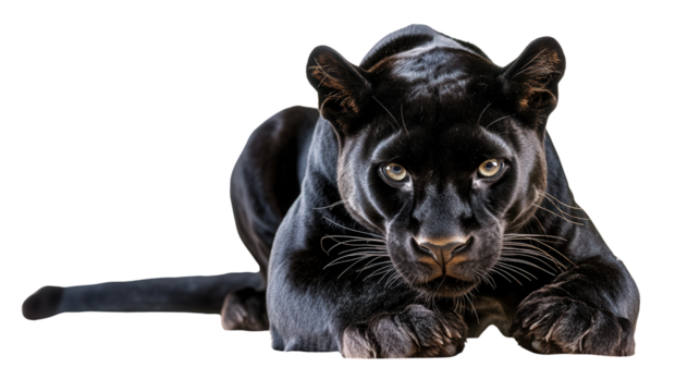 Striking black panther crouching Transparent background, PNG file